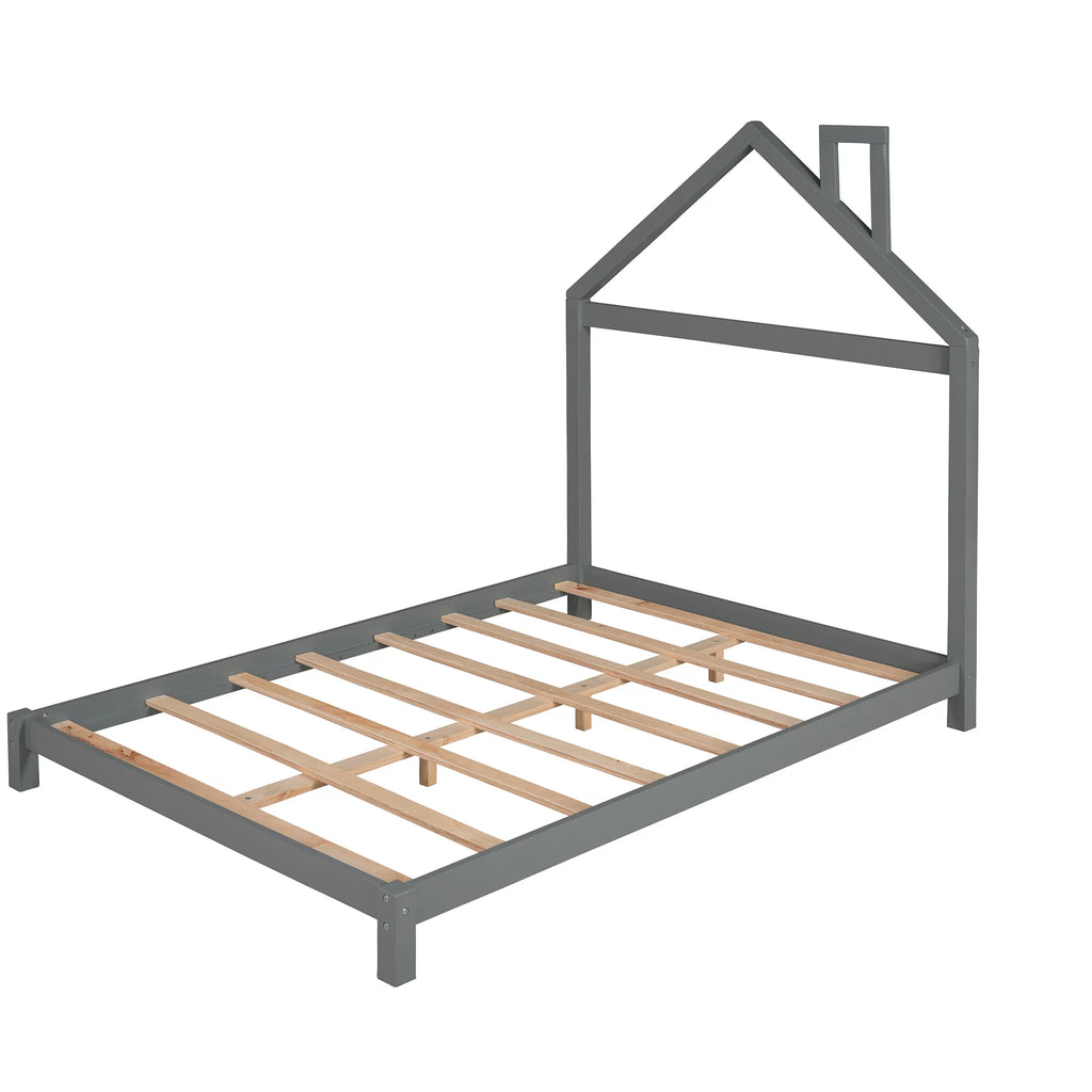 Full Size Gray Wood Platform Bed with House-shaped Headboard O89525