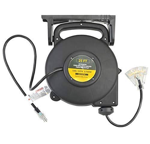 25 ft 12/3 Retractable Extension Cord Reel with 3 Electrical Outlet F122417