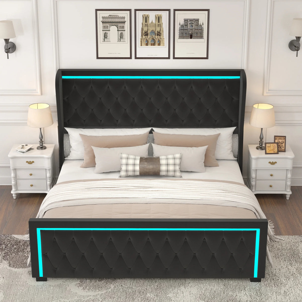Black King Velvet Upholstered Platform Bed Frame with Wingbacks I22720