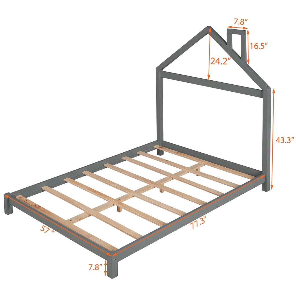 Full Size Gray Wood Platform Bed with House-shaped Headboard O89525