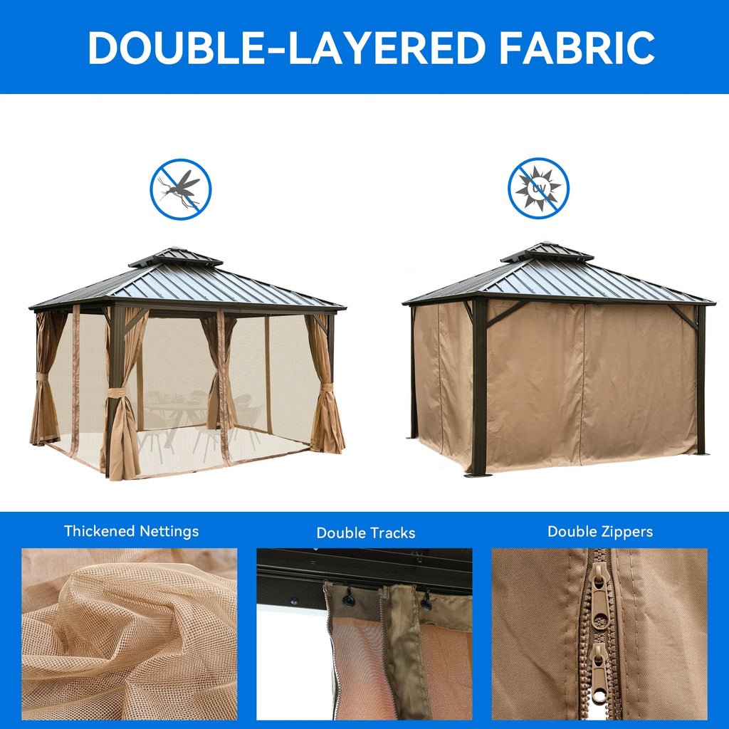 Bronze 10x10FT Double Roof Hardtop Gazebo with Nettings and Curtains Z850