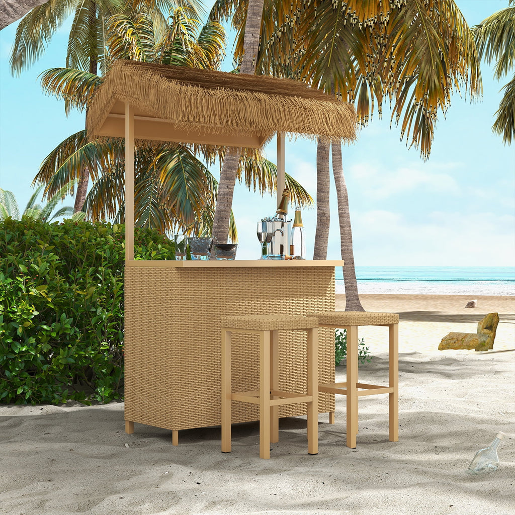 Outdoor 3 Piece All Weather Resin Wicker Steel Tiki Bar and 2 Stools with Ceramic Top & Storage X8179