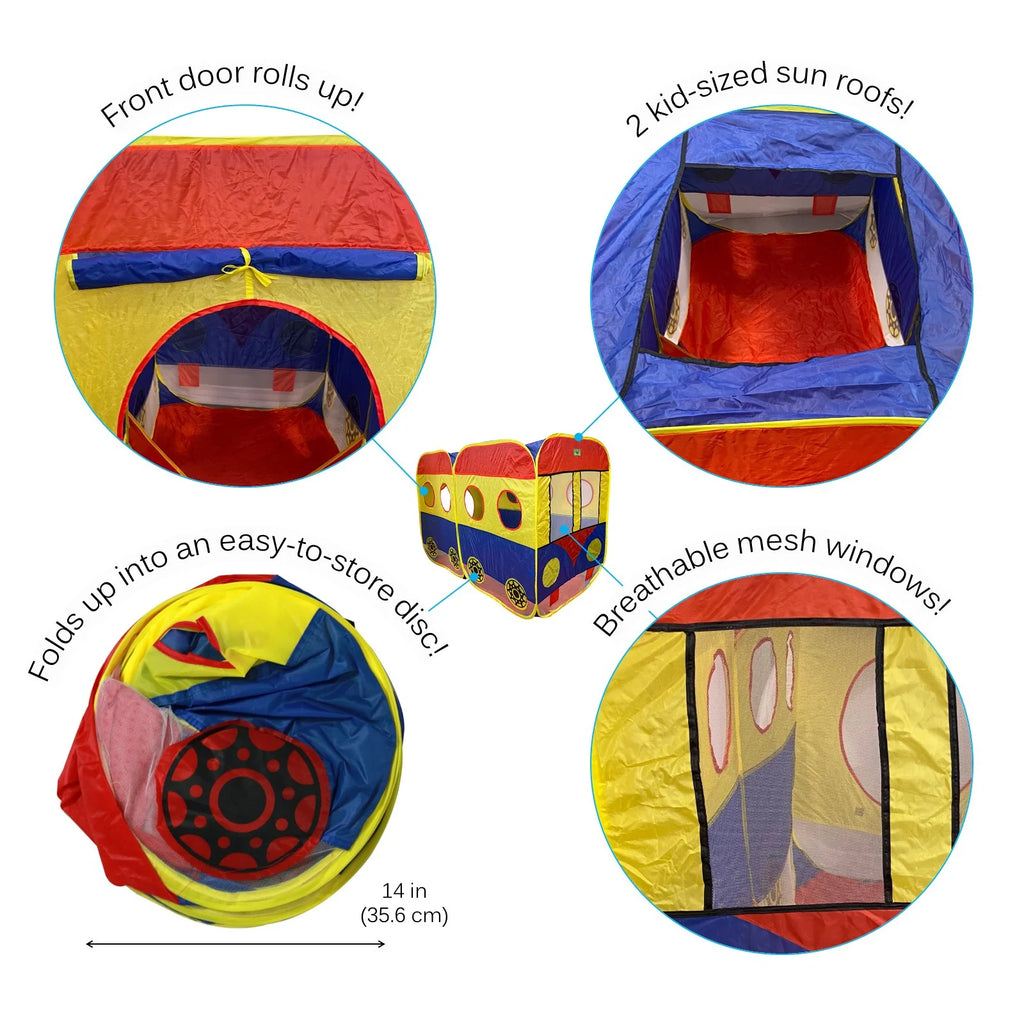 Kids Pop Up School Bus Play Tent Tunnel Folding Indoor Outdoor Bright Colors Toys I54446