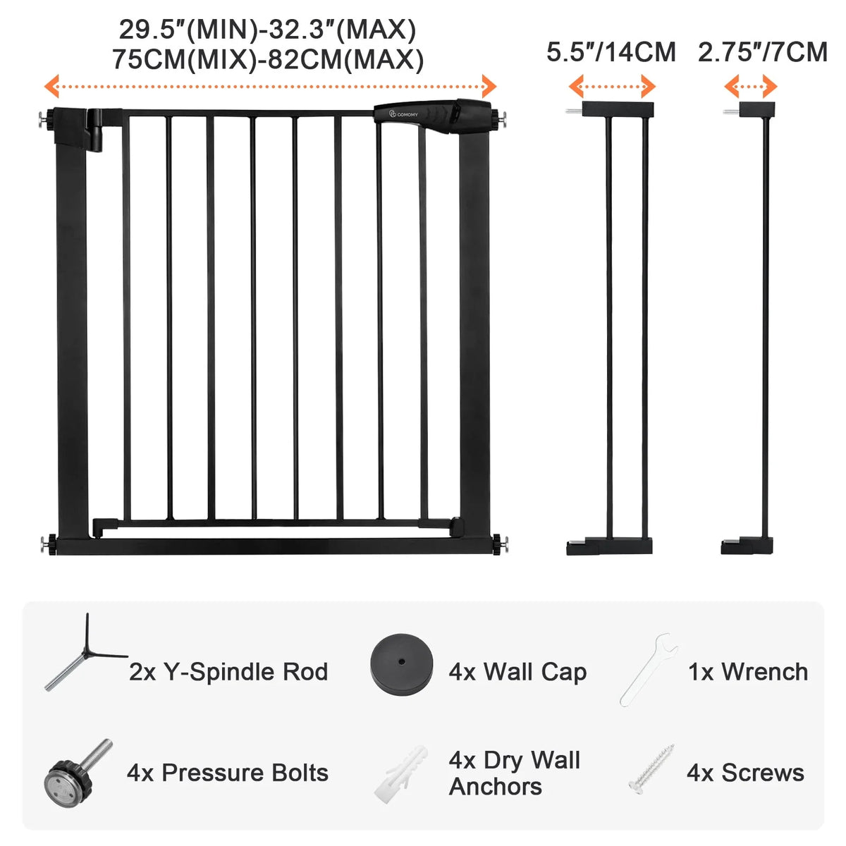 Baby Safety Gate, 29.5''- 40.5'' Wide Pressure Mount, Black M988738