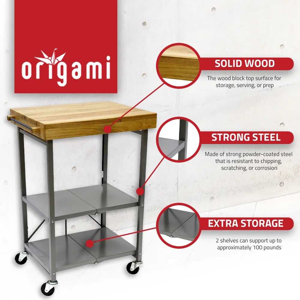 Foldable Wheeled Solid Wood Top Kitchen Island Bar Cart W839