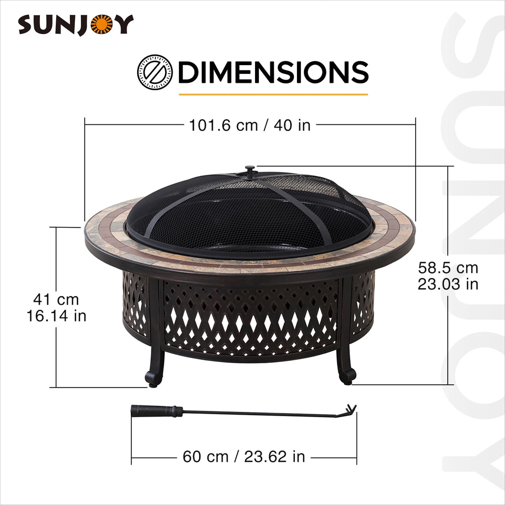 40 Inch Round Wood Burning Fire Pit with Steel Mesh Spark Screen and Ceramic Tile Tabletop R36821