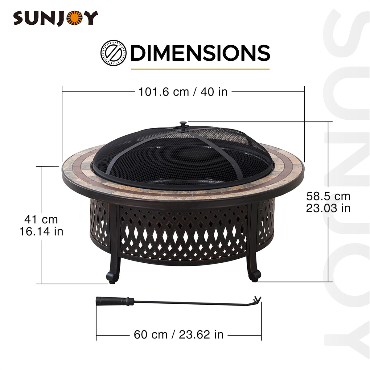 40 Inch Round Wood Burning Fire Pit with Steel Mesh Spark Screen and Ceramic Tile Tabletop R36821