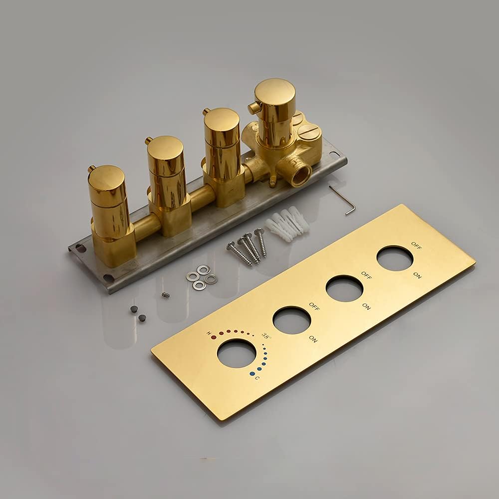 Polished Gold 12 Inch Brass Ceiling Mounted Thermostatic Rainfall Shower System Set N178