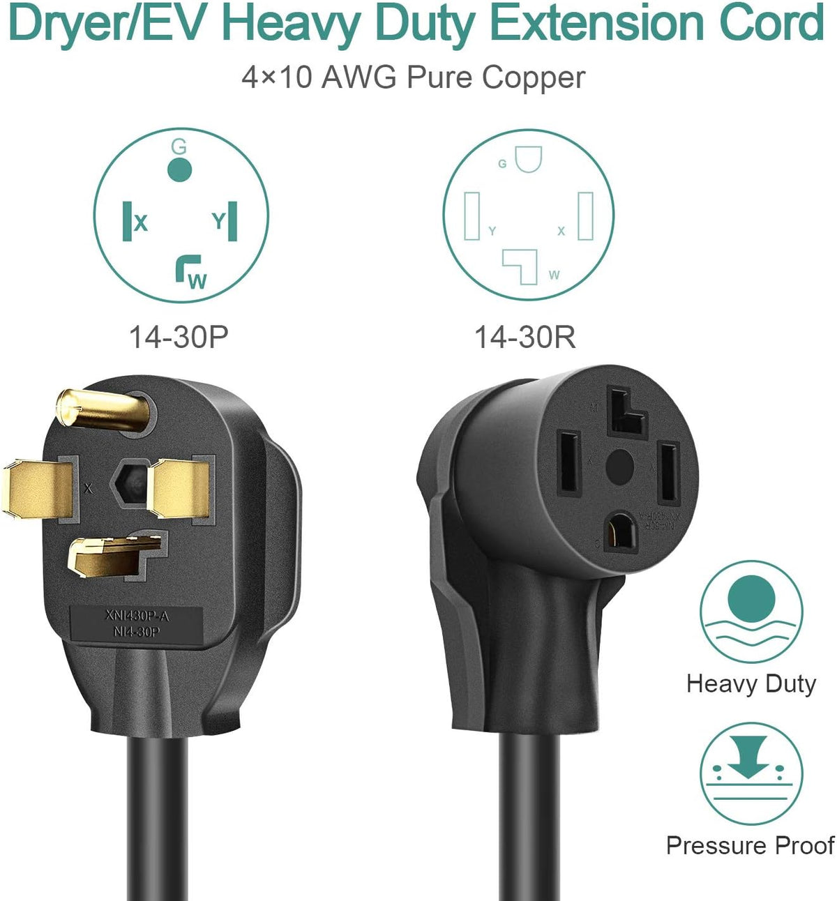 Dryer Extension Cord 4 Prong, 30 Amp, 10 Feet, Pack of 2 C55908