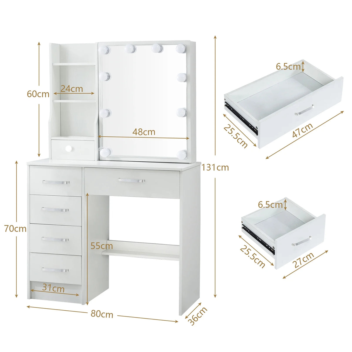 White Makeup Vanity Table with Mirror and Lights B240
