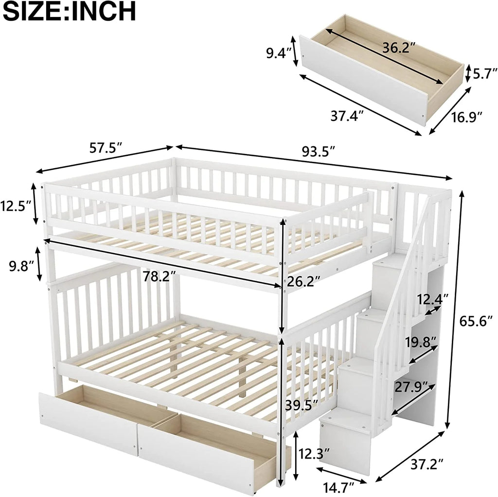 White Solid Wood Full Over Full Bunk Bed with Stairs and Storage Drawers E7258