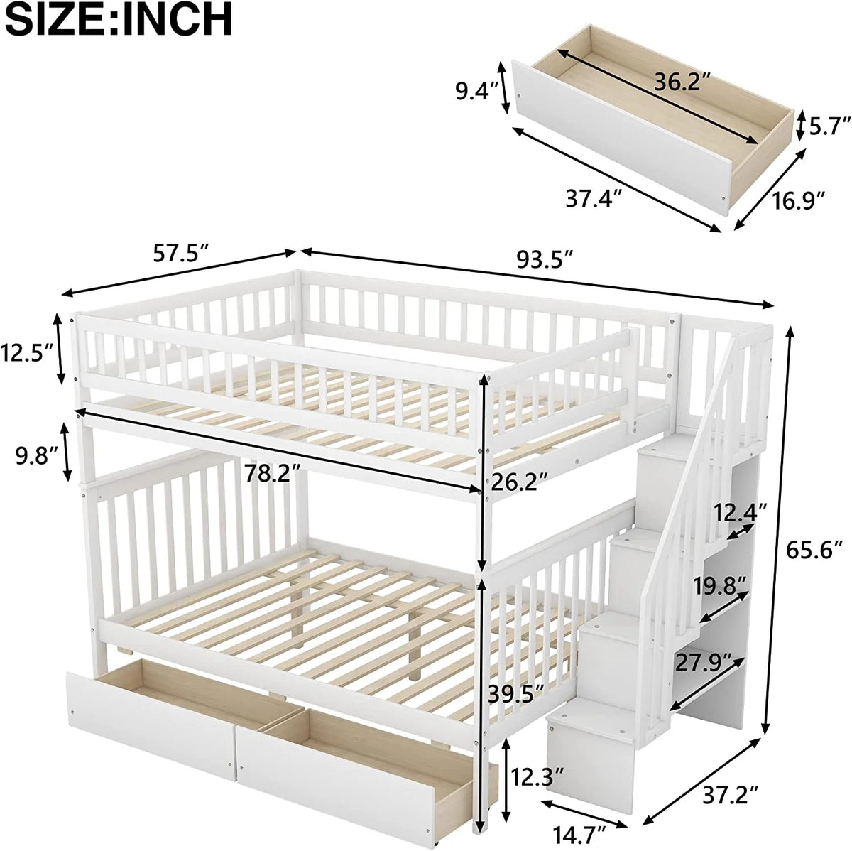 White Solid Wood Full Over Full Bunk Bed with Stairs and Storage Drawers E7258